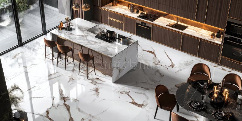 Modern kitchen with marble countertop and bar stools royalty free stock photography