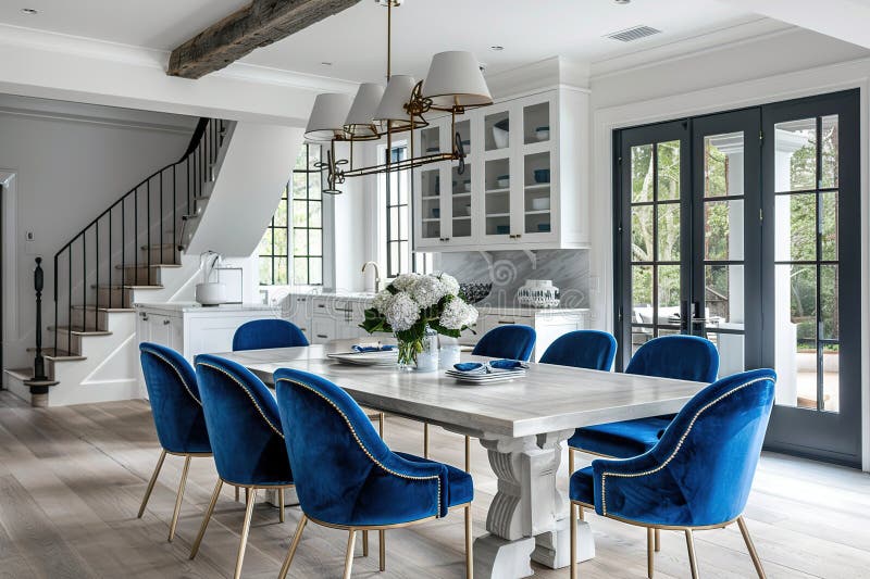 Modern Kitchen Dining Room with Blue Velvet Chairs Stock Illustration ...