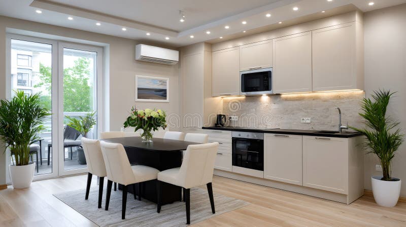 Modern kitchen and dining room showing a balcony with plants and air conditioning vector illustration