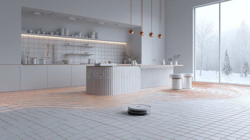 Modern Kitchen Interior Featuring a Robotic Vacuum Cleaner and Elegant Design Elements During Winter Season royalty free stock image