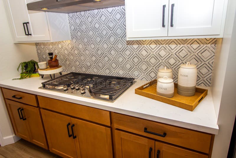 Modern Kitchen with Gas Cook Top and Back Splash Stock Image Image of