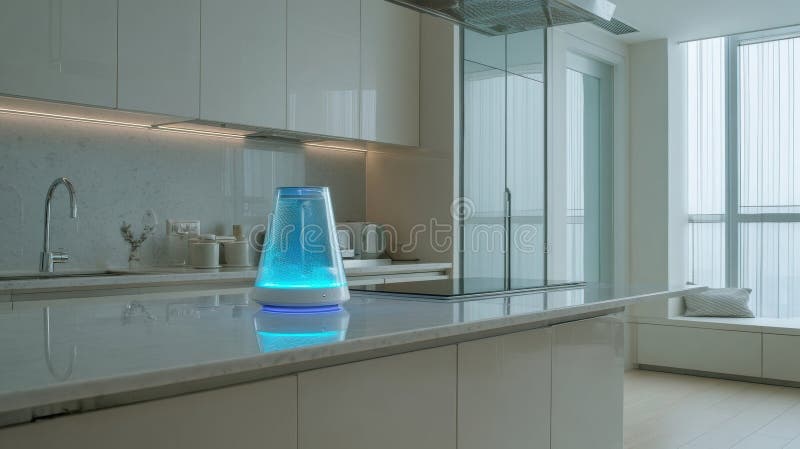 Modern Kitchen With a Glass Kettle Emitting Blue Steam in a Minimalist Setting During Daytime stock image