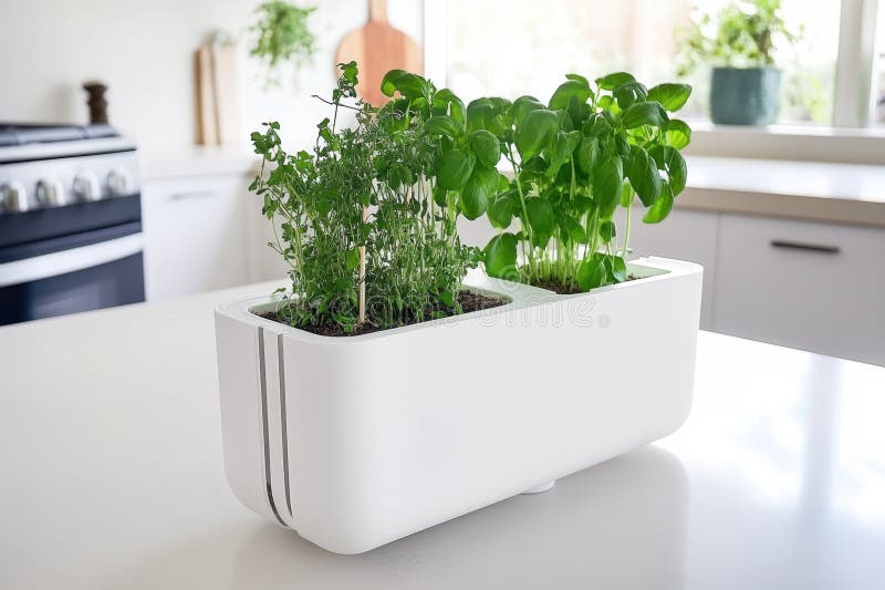 Modern Kitchen Herb Planter with Fresh Basil and Oregano in Natural Light royalty free stock images