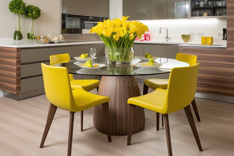 Modern Kitchen in an Interesting Yellow with a Round Dining Table ...
