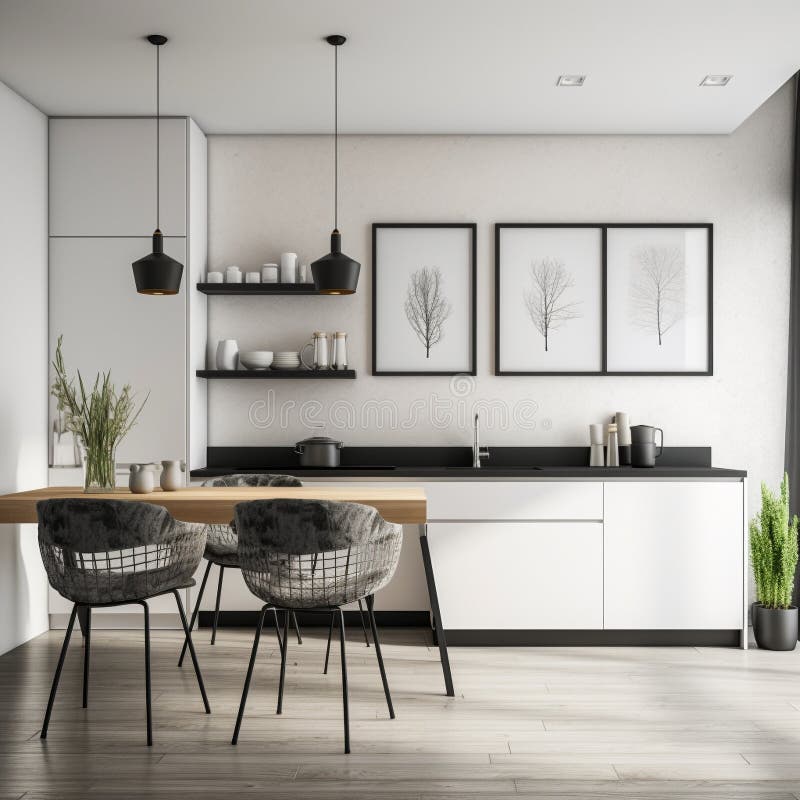 Modern Kitchen Interior with Black and White Color Scheme Stock Photo