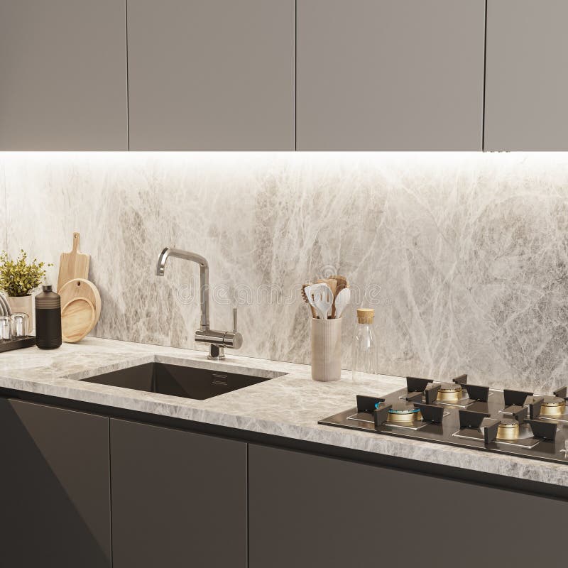 Modern Kitchen Interior, with Cove Light, Stove and Sink