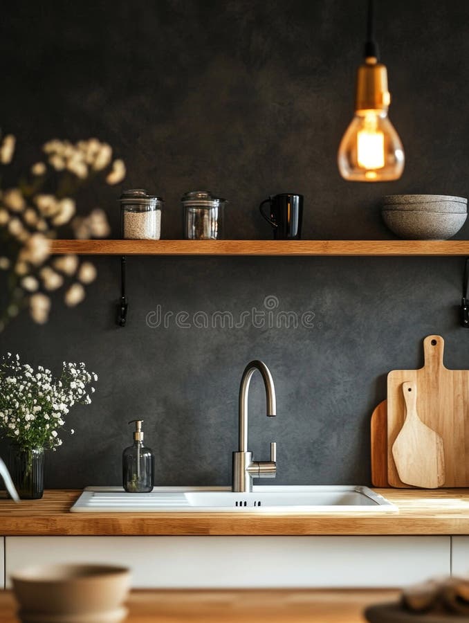 Modern Kitchen Interior with Dark Grey Wall stock photos