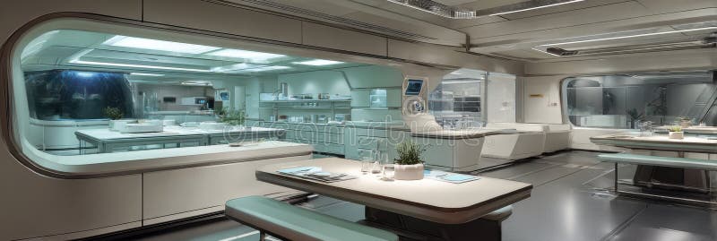 Modern Kitchen Interior Design Featuring Sleek Surfaces and Comprehensive Culinary Amenities in a Futuristic Setting stock photos