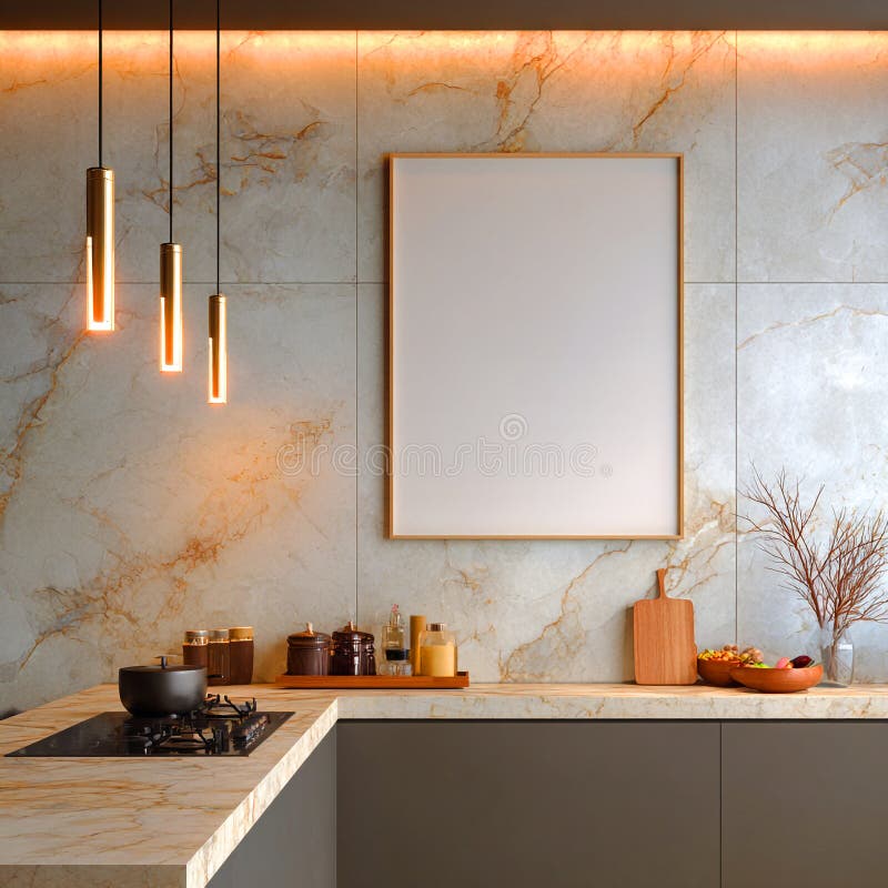 Modern Kitchen Interior Design with Mockup Frame vector illustration