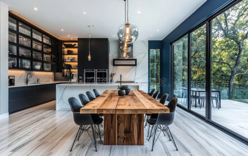 Modern kitchen interior design with rustic dining table and large glass doors stock illustration