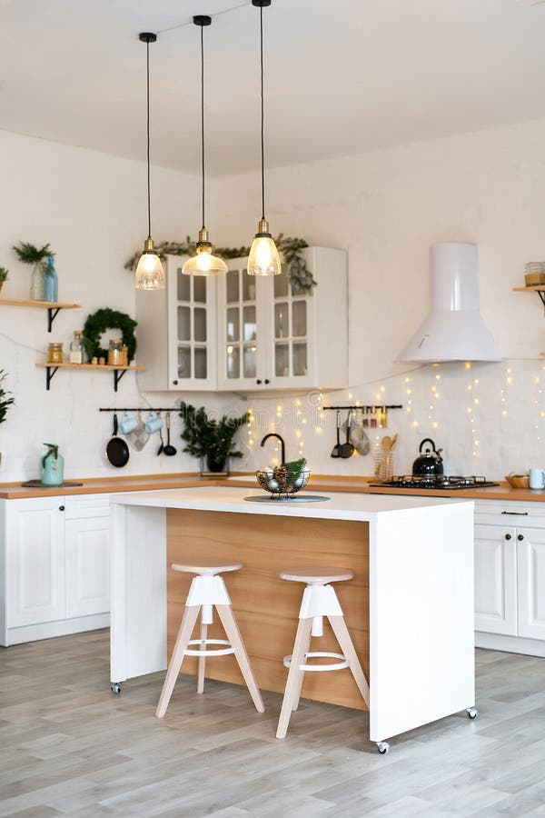 Modern Kitchen Interior with Island, Sink, Cabinets in New Luxury Home