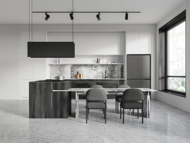 Modern kitchen interior with marble accents and minimalist design. 3D Rendering stock illustration