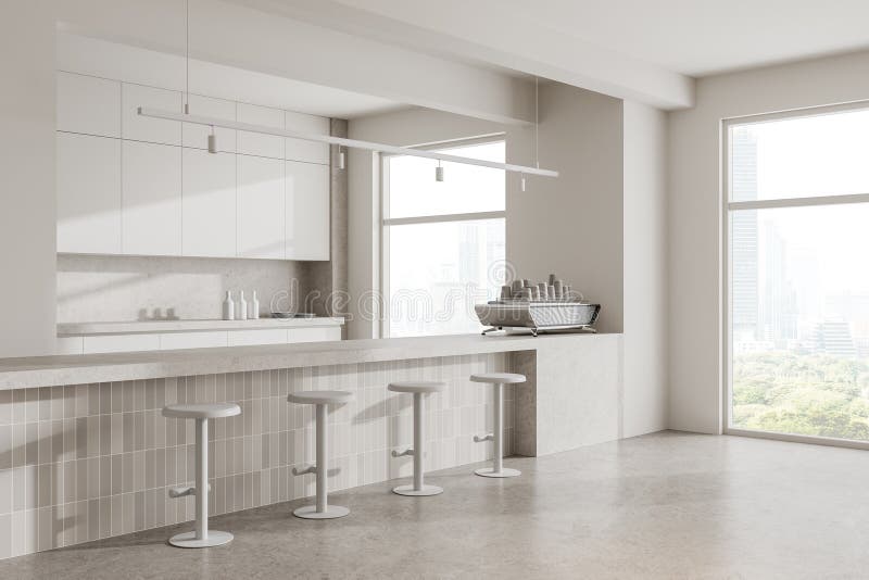 Modern kitchen interior with white cabinets, stools, and a countertop, light atmosphere, cityscape background, concept of royalty free illustration
