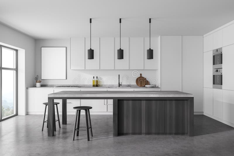 Modern Kitchen Interior with White Gray Walls, a Concrete Floor and ...