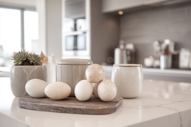Modern Kitchen Island Showcasing Fresh Eggs and Elegant Ceramic Containers in a Bright, Contemporary Setting Generative stock image