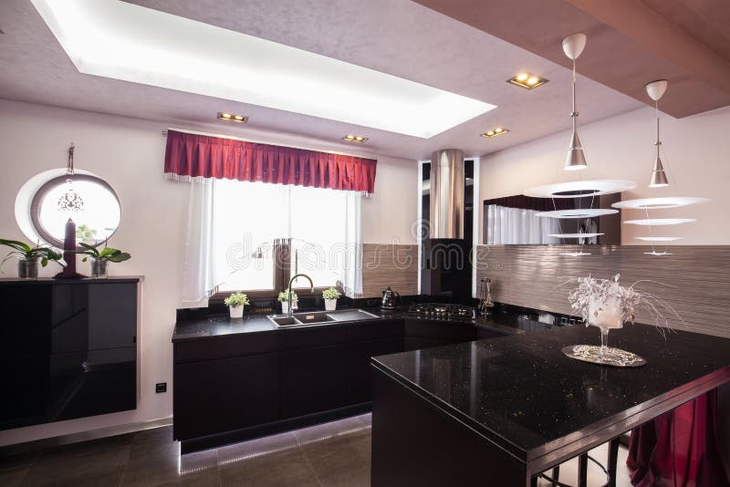 Modern Kitchen in Luxury House Stock Image - Image of equipment, house