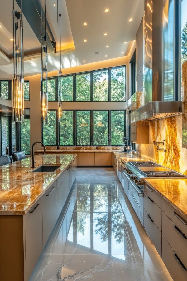 Modern kitchen with marble countertop stock photos