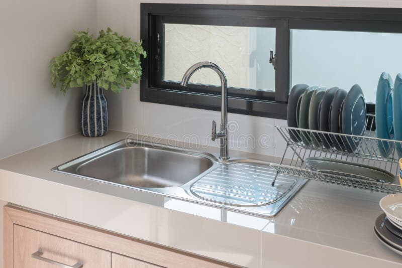 Modern Kitchen Room with Sink on Counter Stock Photo Image of glass