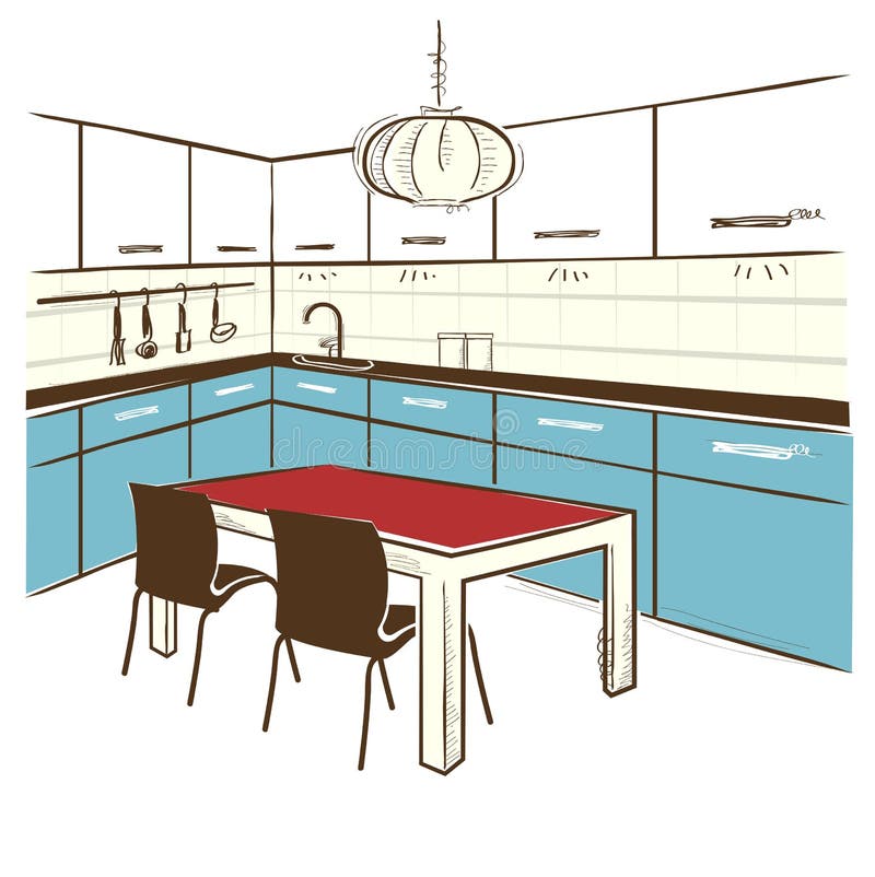 Modern Kitchen Room.Vector Color Sketchy Illustration on White Stock