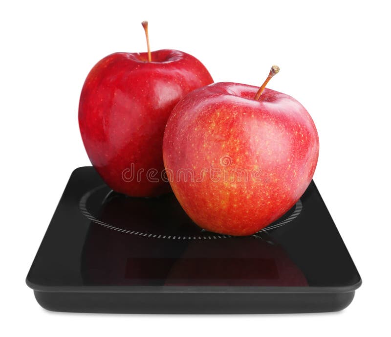 Modern Kitchen Scale with Fresh Red Apples Isolated on White Stock