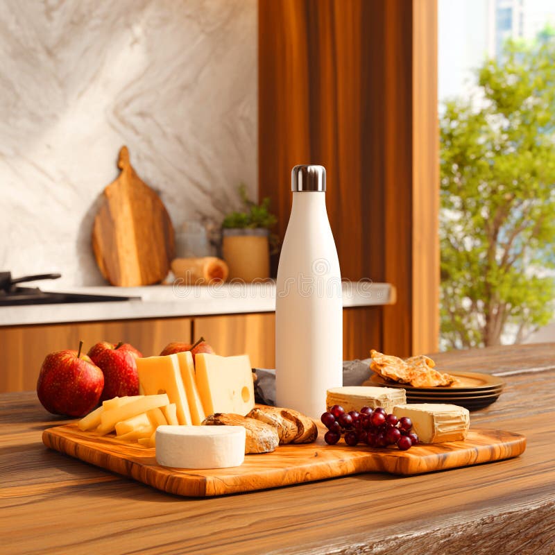 Modern Kitchen Scene Cheese Board Water Bottle Elegant Details royalty free illustration