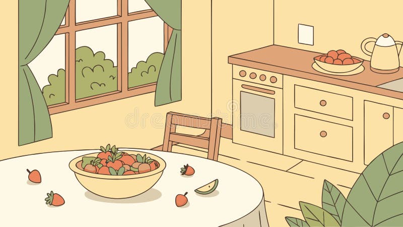 A clean vector illustration of a modern kitchen interior, featuring a sink area and fresh fruit on the counter. This functional design is ideal for illustrating contemporary home kitchens, renovation projects, or culinary advertisements. It emphasizes cleanliness and efficiency, perfect for showcasing sleek domestic spaces where cooking and healthy living are central, vector design Generative AI. Sink ideal vectors