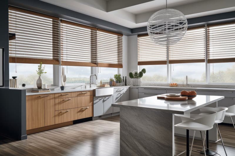 Modern Kitchen with Sleek and Functional Window Treatments, Including Hidden Cordless Blinds