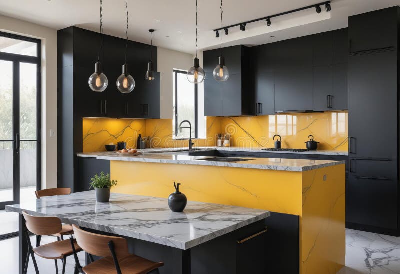 Modern kitchen, sleek matte black finishes vector illustration