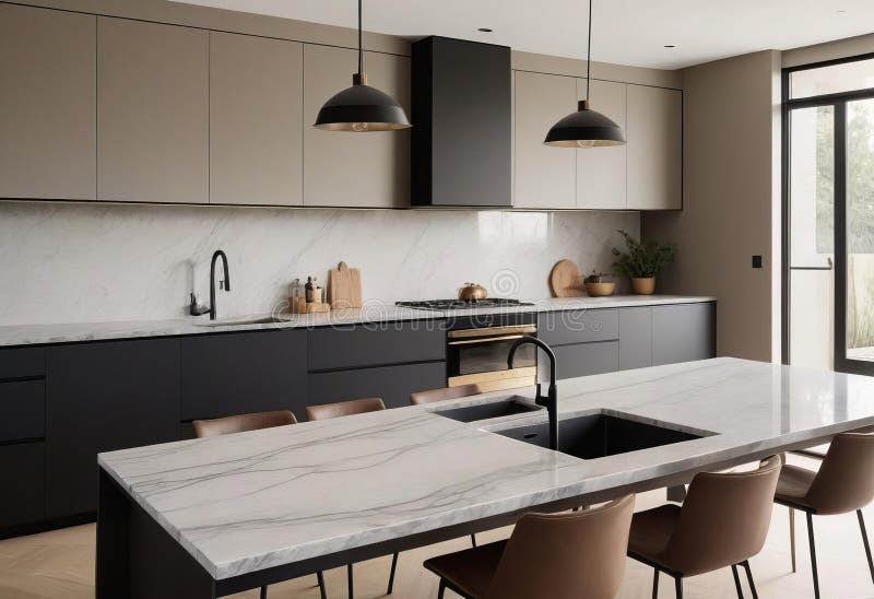 Modern kitchen, sleek matte black finishes royalty free illustration