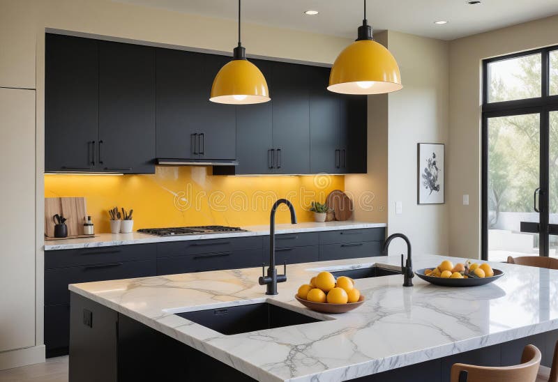 Modern kitchen, sleek matte black finishes stock illustration
