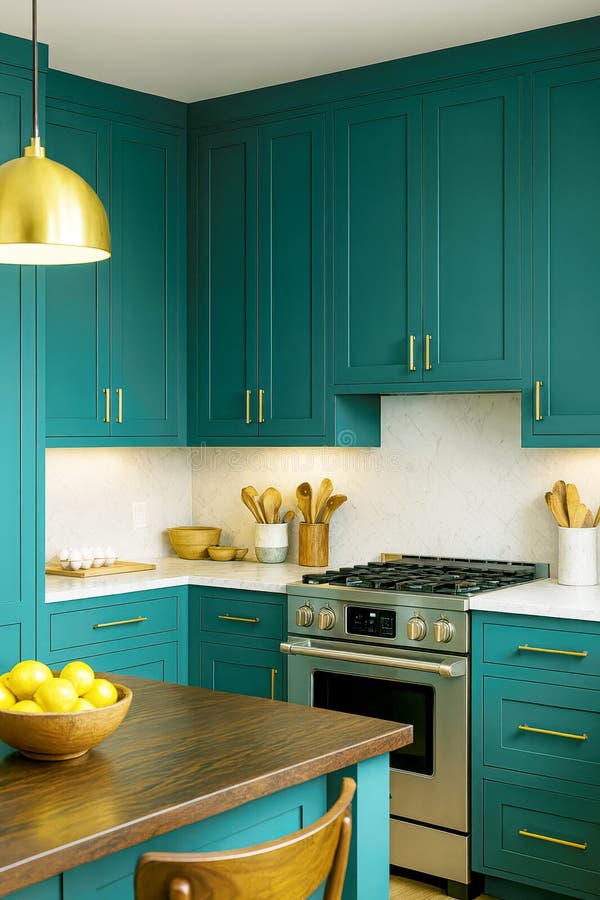 A Modern Kitchen with Transformative Teal Cabinets and Table and Golden  White Details.2026 Color of the Year. Stock Illustration - Illustration of  house, stove: 397674314, image size:600x900