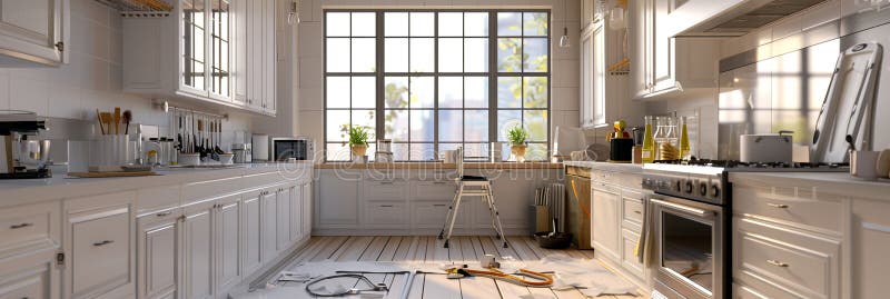 A modern kitchen undergoing a stylish renovation with new cabinets being installed and countertops in progress stock image