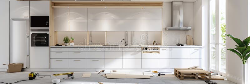 A modern kitchen undergoing a stylish transformation, with new cabinets being installed, countertops taking shape, and royalty free stock images