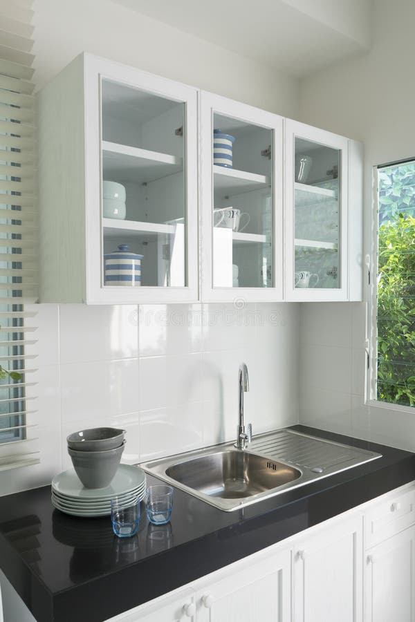 Modern Kitchen with White Worktop Sink Stock Photo Image of cutting