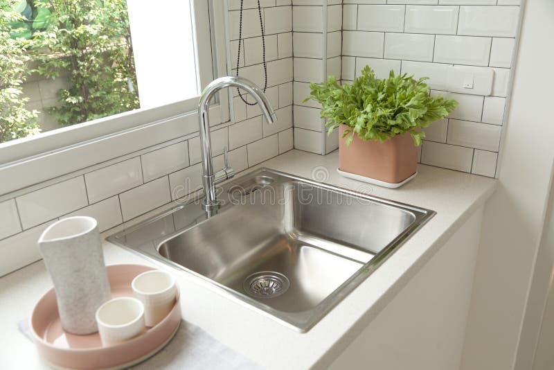 Modern Kitchen with White Worktop Sink Stock Photo Image of grey