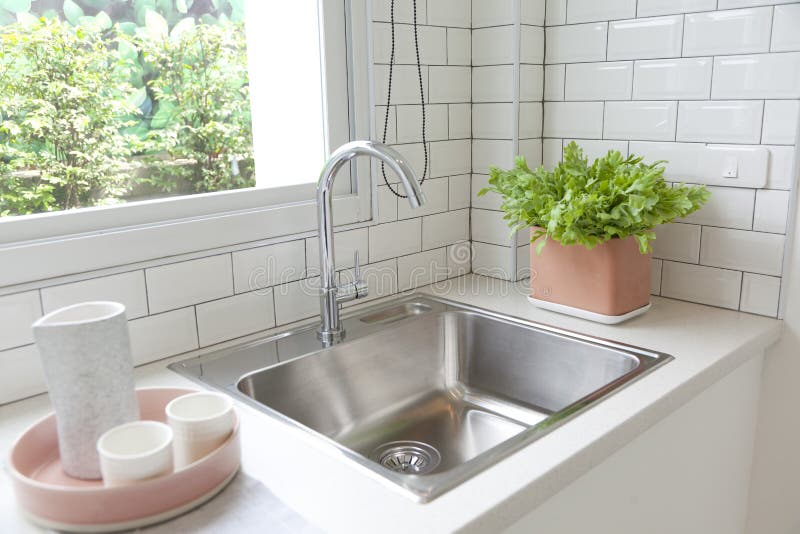 Modern Kitchen with White Worktop Sink Stock Photo Image of brick