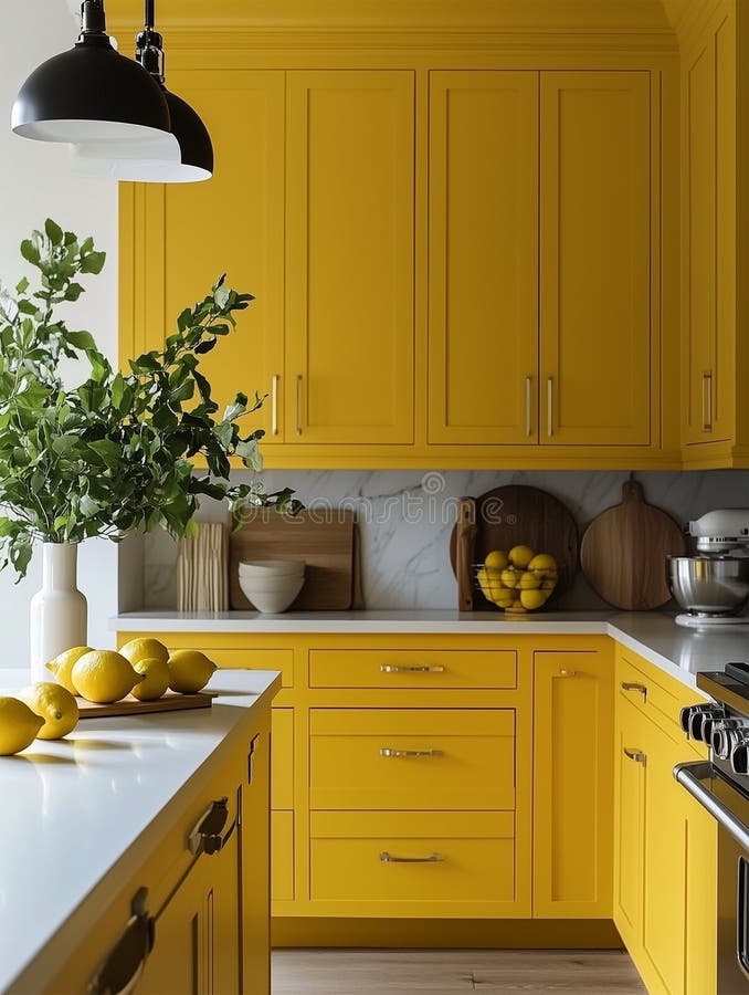 Modern Kitchen with Yellow Featuring Fresh Lemons and Greenery