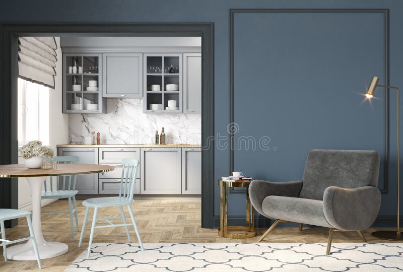 Modern classic blue gray interior with lounge chair, armchair, kitchen, dining table, carpet, floor lamp and mouldings. 3d render illustration mock up. Modern classic blue gray interior with lounge chair, armchair, kitchen, dining table, carpet, floor lamp and mouldings. 3d render illustration mock up.