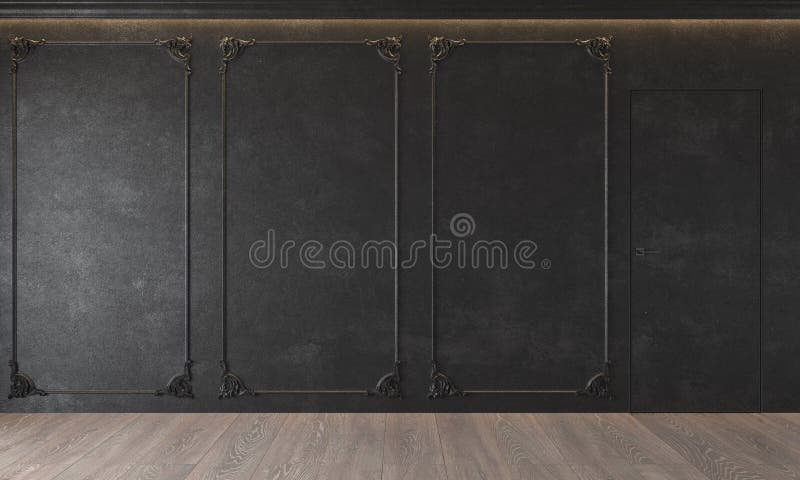 Modern klassiek zwart binnenland met gipspleister, deur, houten vloer, backlit plafond, het vormen Lege ruimte, blinde muur