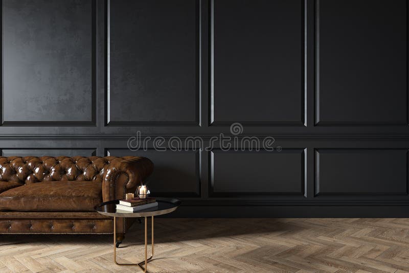 Modern klassisk, svart insida med kapitonesterläderbrun sofa, kaffebord, trägolv, formar stock illustrationer