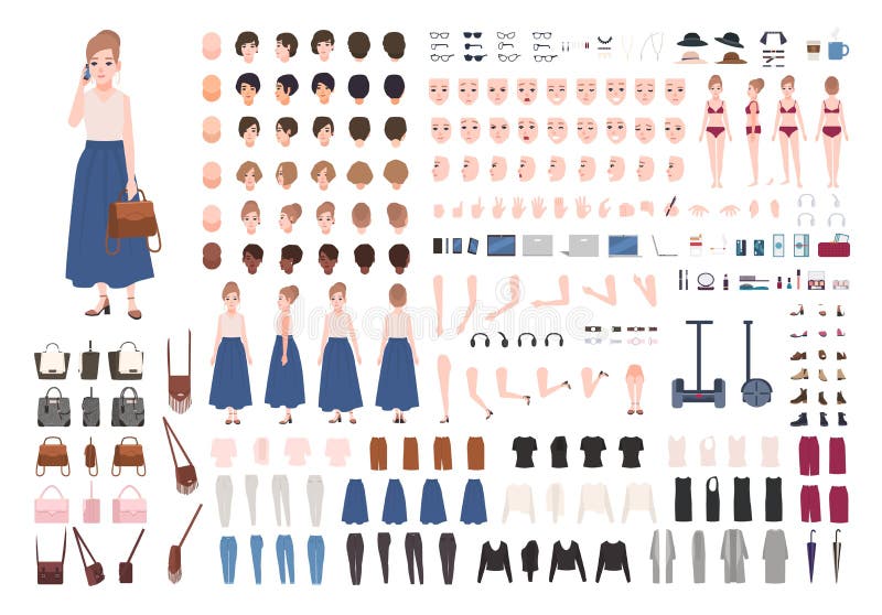 Modern konstruktör- eller animeringsats för ung kvinna Samling av kroppsdelar för kvinnligt tecken, gester, stilfulla kläder royaltyfri illustrationer