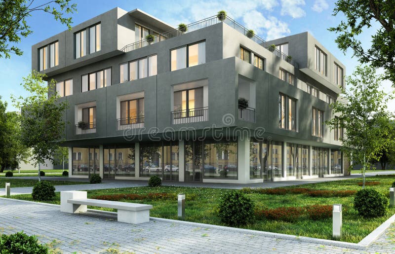 Modern kontor och hyreshus i ett grönt bostadsområde av staden royaltyfri bild