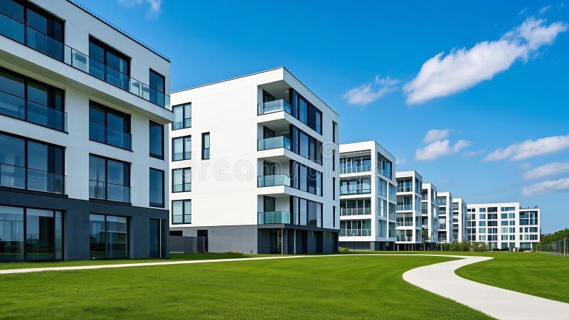 Modern kontorsarkitektur i stadsskylten. Moderna kontorsbyggnader med en ren minimalistisk utformning med vita fasader och stora glasfönster. Strukturen är uppbyggd i ett linjärt arrangemang med balkonger och plana tak. De är omgivna av välbevarade gröna lagar och en lindningsväg löper längs framsidan under en ljusblå himmel med utspridda moln.