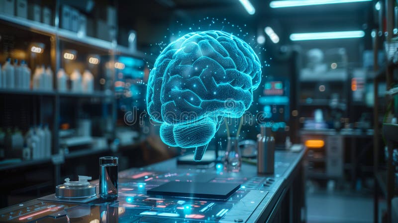 Modern Laboratory Displaying Advanced Technology With Holographic Brain Model at Night royalty free stock image