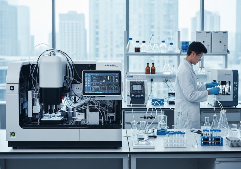 Modern laboratory equipped with advanced scientific instruments, including a high-tech analyzer stock illustration