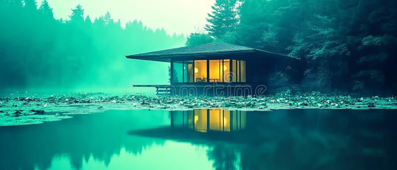 Modern Lake House Minimalist Design Liniștit Natură Scena calmă acasă teal albastru apă neagră vector illustration
