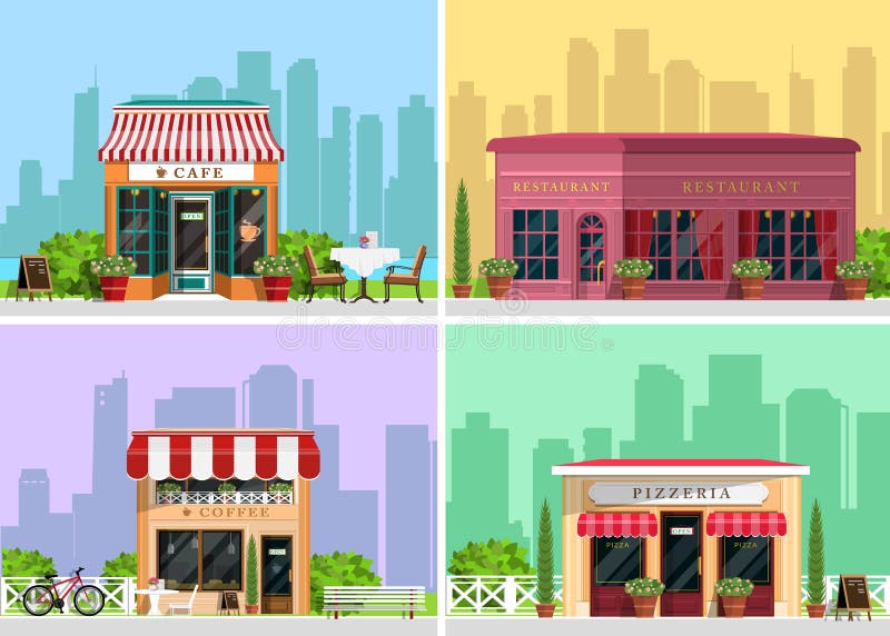 Modern landscape set with cafe, restaurant, pizzeria, coffee house building, trees, bushes, flowers, benches, restaurant tables. stock illustration Modern landscape set with cafe, restaurant, pizzeria, coffee house building, trees, bushes, flowers, benches, restaurant tables. stock illustration