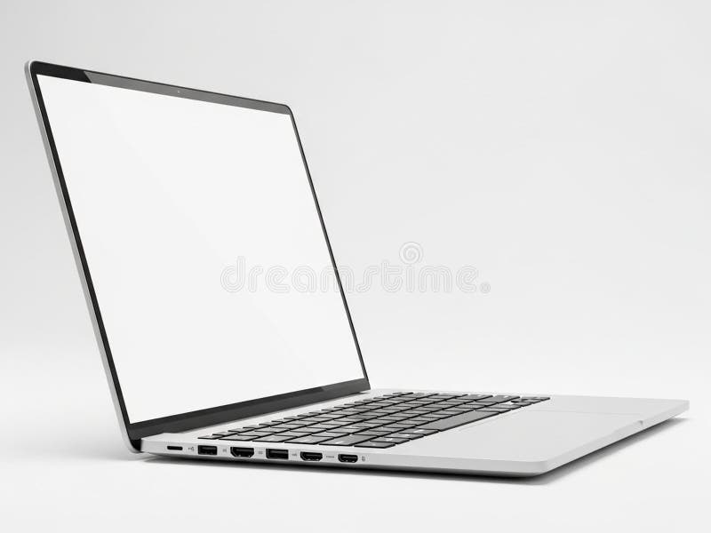 The image showcases a sleek, modern laptop with a blank screen and a black keyboard. The laptop is positioned at an angle, highlighting its slim design and various ports on the side. The background is plain and white, emphasizing the laptop's minimalist and professional appearance. Laptop side angle illustrations