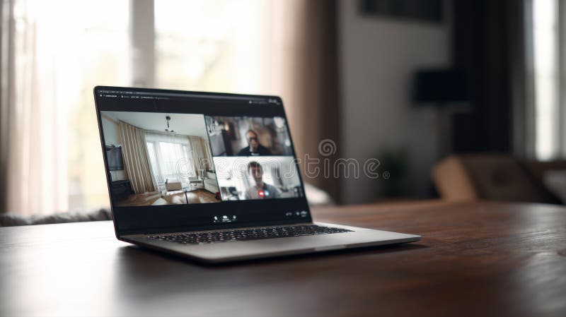 Modern Laptop Computer on Wooden Table Showing Video Conference Call with Multiple Participants in Home Office Environment Remote royalty free stock photos