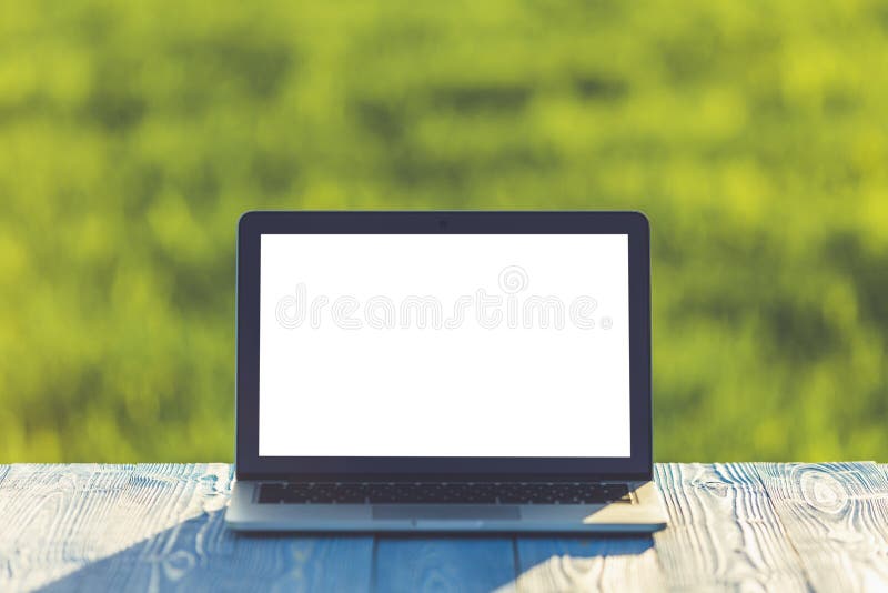 Modern laptop computer on wooden table and view of green field